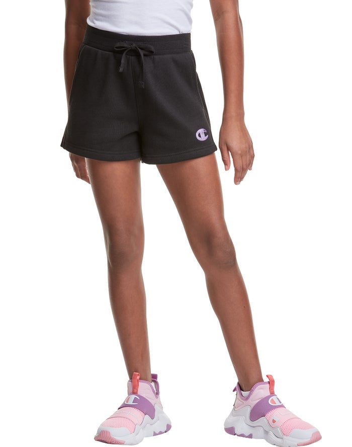 Champion Girls Shorts NZ - Reverse Weave Fleece Embroidered Logo Black ( 0537-NECFV )